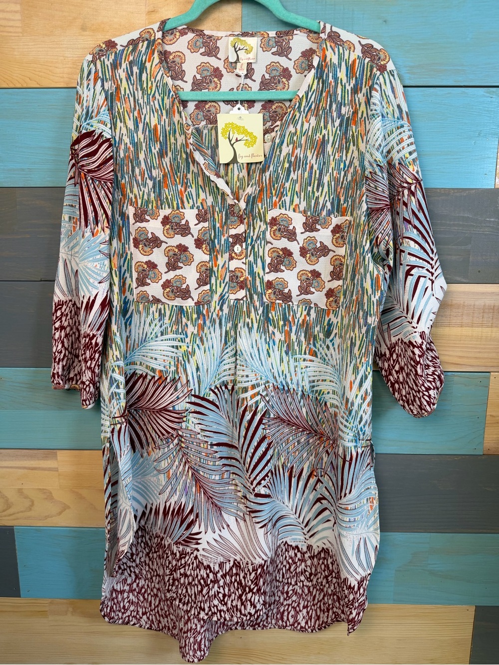 Anthropologie Fig and flower Multi-Print Palm & Floral Tunic Boho Cottage Style